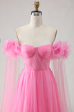 Off the Shoulder A Line Tulle Hot Pink Prom Dress