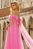 Off the Shoulder A Line Tulle Hot Pink Pleated Long Prom Dress with Streamer