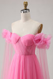 Off the Shoulder A Line Tulle Hot Pink Prom Dress