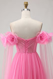 Off the Shoulder A Line Tulle Hot Pink Prom Dress