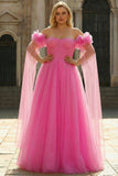 Hot Pink Off the Shoulder A Line Tulle Plus Size Long Prom Dress with Streamer