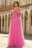 Hot Pink Off the Shoulder A Line Tulle Plus Size Long Prom Dress with Streamer