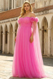 Hot Pink Off the Shoulder A Line Tulle Plus Size Long Prom Dress with Streamer