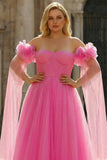 Hot Pink Off the Shoulder A Line Tulle Plus Size Long Prom Dress with Streamer
