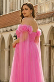 Hot Pink Off the Shoulder A Line Tulle Plus Size Long Prom Dress with Streamer