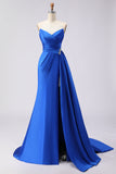 Royal Blue A Line Beaded Strapless Ruched Long Prom Dress with Slit