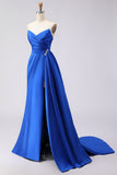Royal Blue A Line Beaded Strapless Ruched Long Prom Dress with Slit