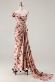 Blush Floral Ruched Prom Dress with Side Cape
