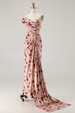 Blush Floral Ruched Prom Dress with Side Cape