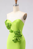 Green Strapless Mermaid 3D Flower Satin Long Prom Dress with Slit