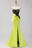 Black Green Mermaid Strapless Lace Ruched Long Prom Dress With Slit