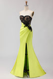 Black Green Mermaid Strapless Lace Ruched Long Prom Dress With Slit
