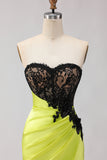 Black Green Mermaid Strapless Lace Ruched Long Prom Dress With Slit