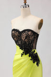Black Green Mermaid Strapless Lace Ruched Long Prom Dress With Slit