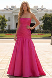 Fuchsia Ruched A Line Strapless Ruched Long Prom Dress with Large Bow