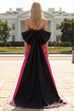 Fuchsia Ruched A Line Strapless Ruched Long Prom Dress with Large Bow