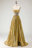 Metallic Golden Corset Beaded A Line Prom Dress