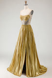 Metallic Golden Corset Beaded A Line Prom Dress