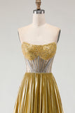 Metallic Golden Corset Beaded A Line Prom Dress