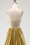 Metallic Golden Corset Beaded A Line Prom Dress