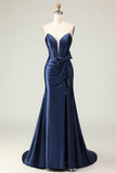 Navy Strapless Corset Mermaid Satin Prom Dress
