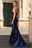 Navy Strapless Corset Mermaid Satin Prom Dress