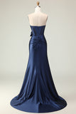 Navy Strapless Corset Mermaid Satin Prom Dress