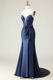 Navy Strapless Beaded Satin Mermaid Prom Dress with Bow