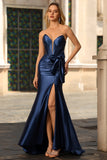 Navy Strapless Corset Mermaid Satin Prom Dress