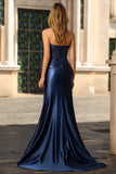 Navy Strapless Corset Mermaid Satin Prom Dress
