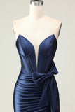 Navy Strapless Beaded Satin Mermaid Prom Dress with Bow