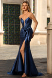 Navy Strapless Corset Mermaid Satin Prom Dress