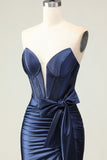 Navy Strapless Beaded Satin Mermaid Prom Dress with Bow