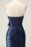 Navy Strapless Beaded Satin Mermaid Prom Dress with Bow