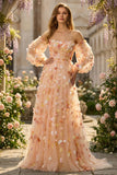 Champagne A Line 3D Flower Prom Dress with Long Sleeves