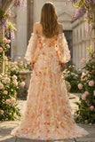 Champagne A Line 3D Flower Prom Dress with Long Sleeves