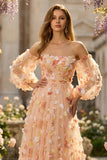 Champagne A Line 3D Flower Prom Dress with Long Sleeves