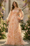 Champagne Strapless A Line 3D Flower Plus Size Prom Dress