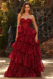 Burgundy Sequin Corset Sweetheart Tiered Long Prom Dress with Ruffles