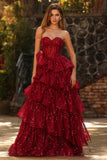 Burgundy Sequin Corset Sweetheart Tiered Long Prom Dress with Ruffles