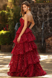 Burgundy Sequin Corset Sweetheart Tiered Long Prom Dress with Ruffles