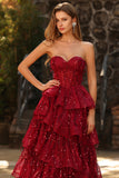 Burgundy Sequin Corset Sweetheart Tiered Long Prom Dress with Ruffles