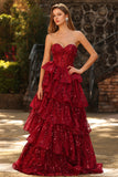 Burgundy Sequin Corset Sweetheart Tiered Long Prom Dress with Ruffles
