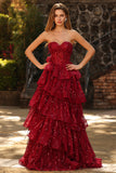 Burgundy Sequin Corset Sweetheart Tiered Long Prom Dress with Ruffles