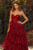 Burgundy Sequin Corset Sweetheart Tiered Long Prom Dress with Ruffles