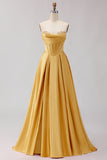 Golden A Line Corset Sweetheart Long Prom Dress