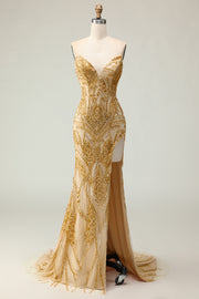 Beaded Strapless Golden Mermaid Prom Dress