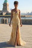 Sparkly Golden Beaded Strapless Mermaid Prom Dress With Slit