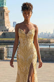 Sparkly Golden Beaded Strapless Mermaid Prom Dress With Slit