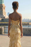 Sparkly Golden Beaded Strapless Mermaid Prom Dress With Slit